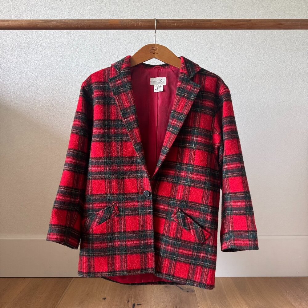 Vintage Half Moon Wool Plaid Jacket Red Tartan Check Oversized Size 7 Japan Made